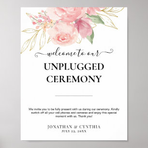 Poster Casamento Floral Dourado Aquarela Rosa Elegante