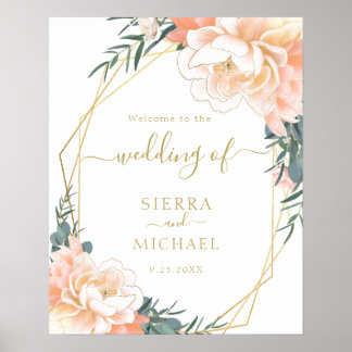 Poster Casamento Floral Dourado Peach Peony Blush Elegant