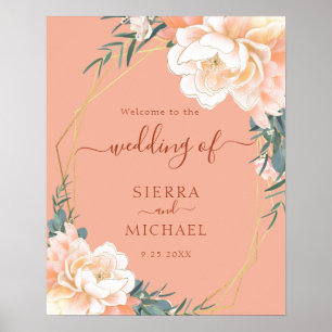 Poster Casamento Floral Dourado Peach Terracotta