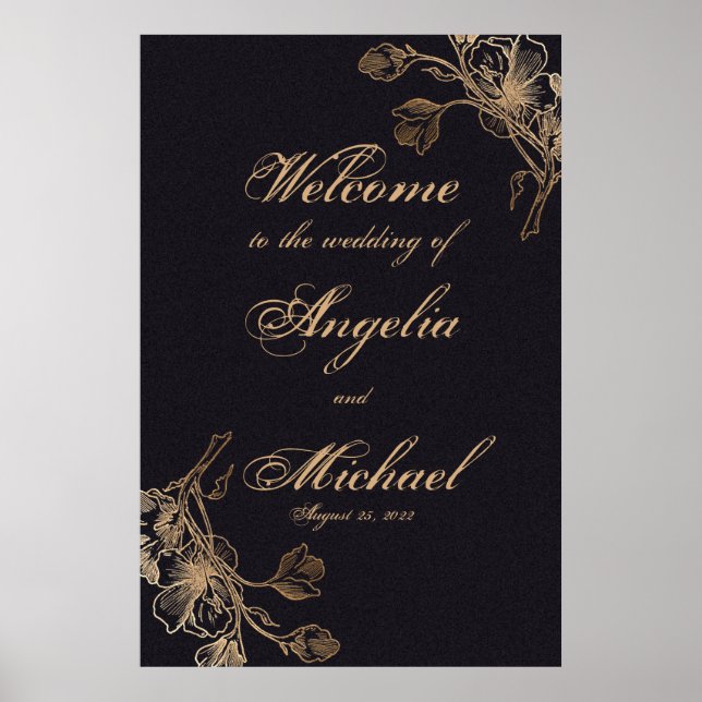 Poster Casamento Floral Faux Metal Dourado Chic Elegante (Frente)