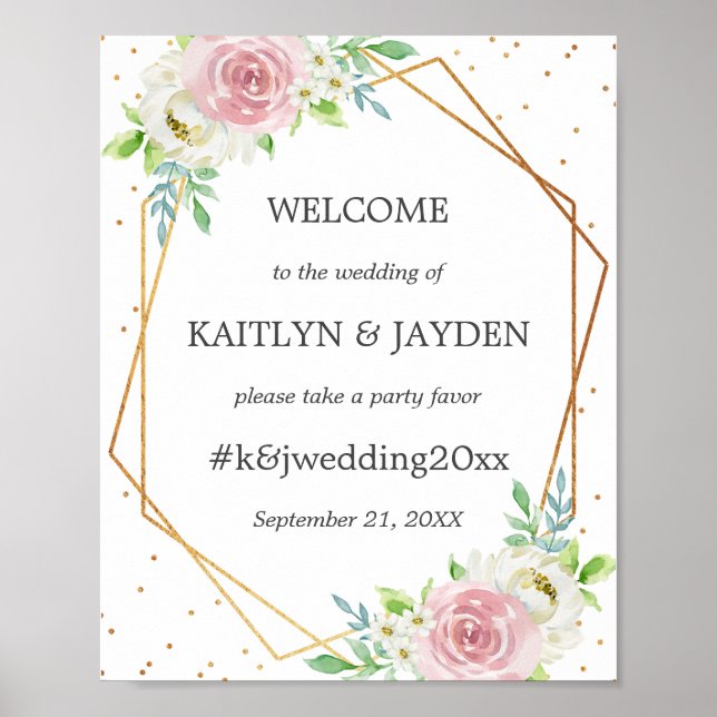 Poster Casamento Floral Geométrico Chic com Folha de Ouro (Frente)