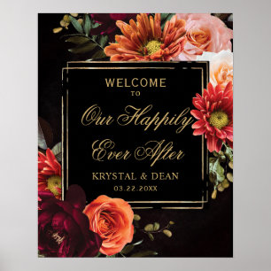 Poster Casamento Floral Laranja Burgundy Preto Sombrio