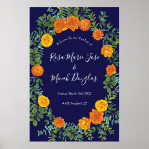 Poster Casamento Floral Laranja e Marinho Azul