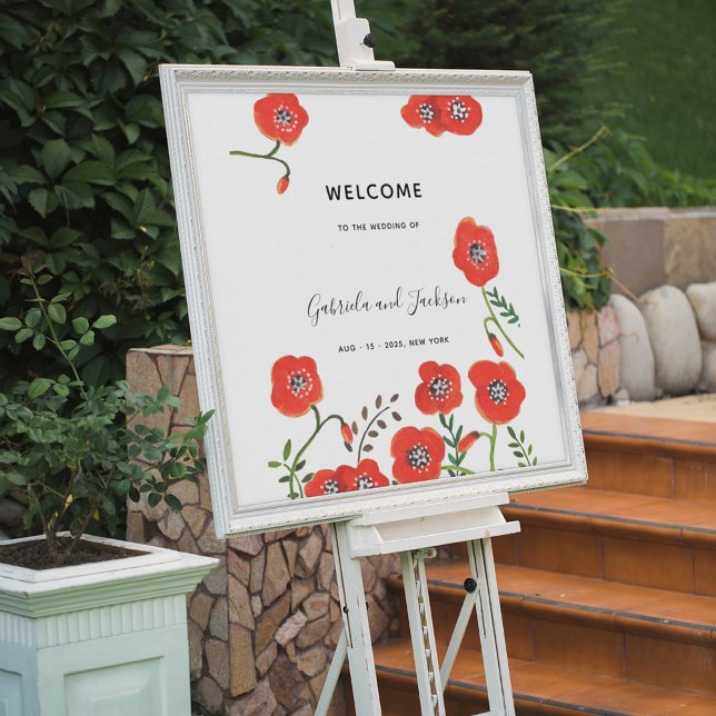 Poster Casamento Floral Moderno com Poppies Vermelhos (Criador carregado)