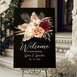 Poster Casamento Floral Preto Burgundy Romântico Bem-vind