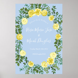 Poster Casamento Floral Rosa Azul Claro Amarelo e Pálido