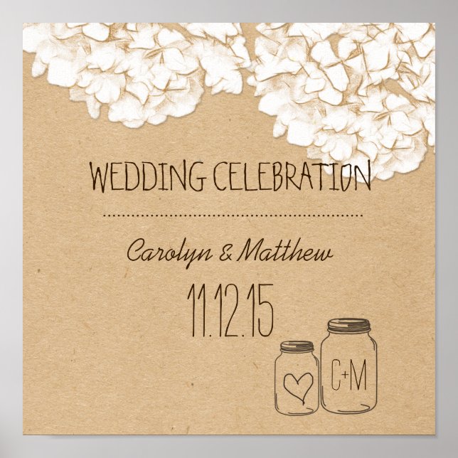 Póster Casamento Floral Rustic Kraft Paper Hydrangeas (Frente)