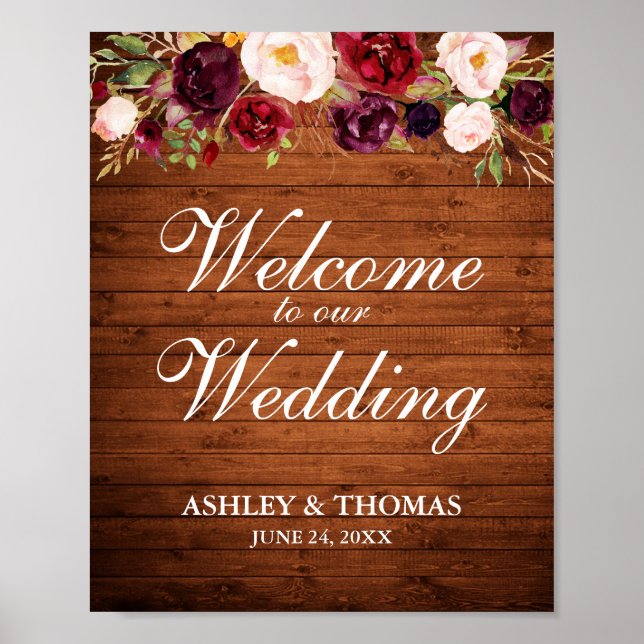 Poster Casamento Floral Rustic Wood Burgundy Bem-Vindo (Frente)