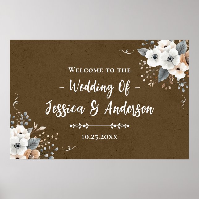 Poster Casamento Floral Rústico Textura de Papel Kraft Fa (Frente)