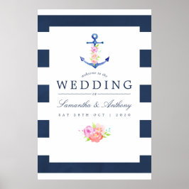 Poster Casamento Floral Temático Náutico em Aquarela