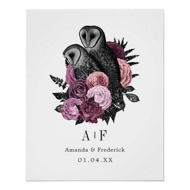 Póster Casamento Glam Gótico Floral Malva de Corujas (Frente)