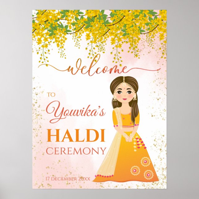 Poster Casamento índio Flores amarelas Haldi (Frente)