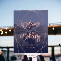 Casamento moderno de bem-vindo com foto em dourado