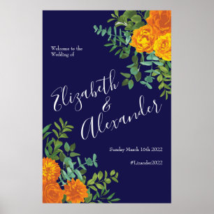 Poster Casamento Moderno Floral Rosa Azul e Laranja