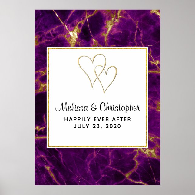 Poster Casamento Moderno Roxo e Dourado Abstrato Marble (Frente)