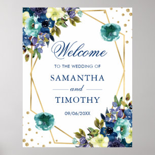 Poster Casamento Moldura Dourada Flores de Inverno Aquare