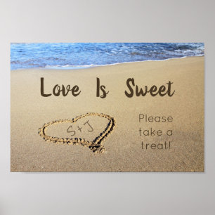 Poster Casamento na Praia Amor é Doce Iniciais no Coração