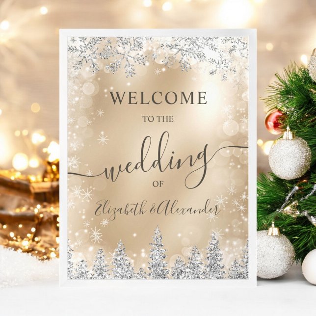 Poster Casamento no inverno de Natal do pinheiro de prata (Silver snow pine gold Christmas winter wedding Poster)