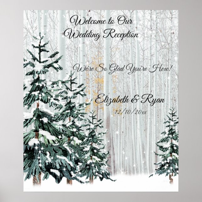 Poster Casamento no inverno Pine Trees Snow Sparkle Stars (Frente)