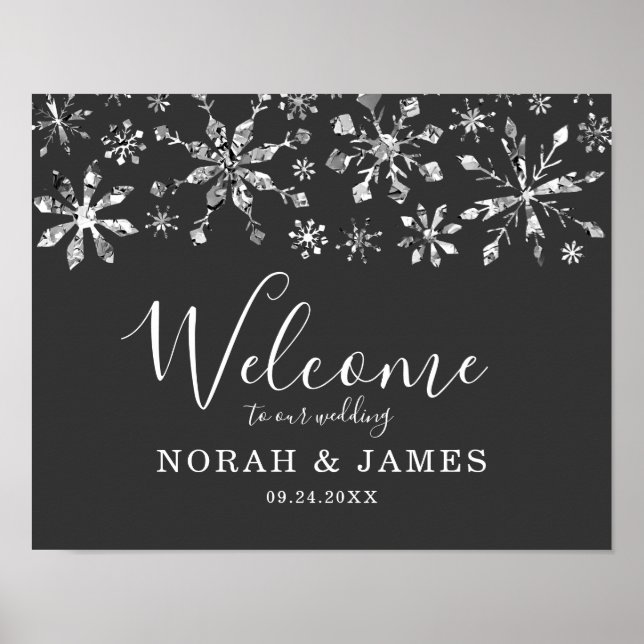 Poster Casamento no inverno Silver Glitter Snowflake Bem- (Frente)