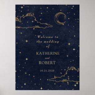 Poster Casamento Nuvens Lua Dourada Celestial Mística