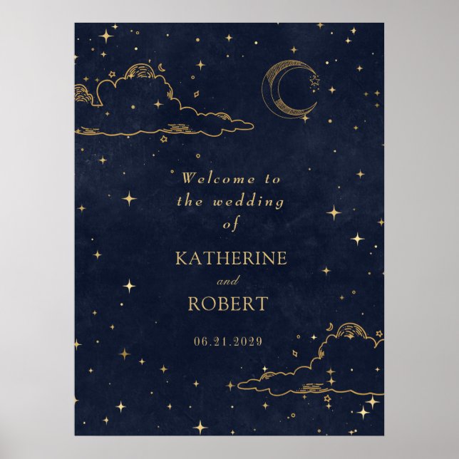 Poster Casamento Nuvens Lua Dourada Celestial Mística (Frente)