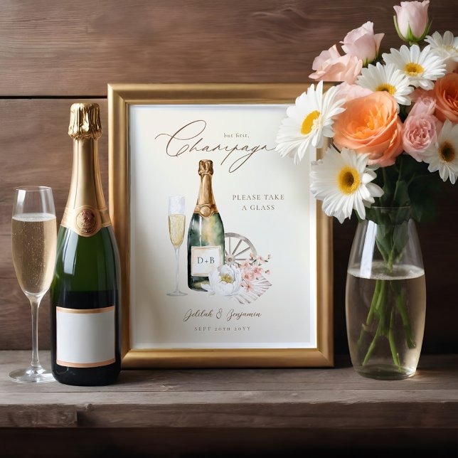 Poster Casamento Ocidental de Champanhe de Aquarela Elega (Elegant Watercolor Champagne Western Wedding Poster)