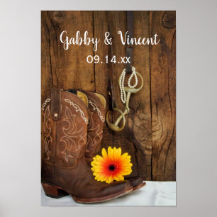 Poster Casamento Ocidental de Cowboy Boots, Daisy e Horse