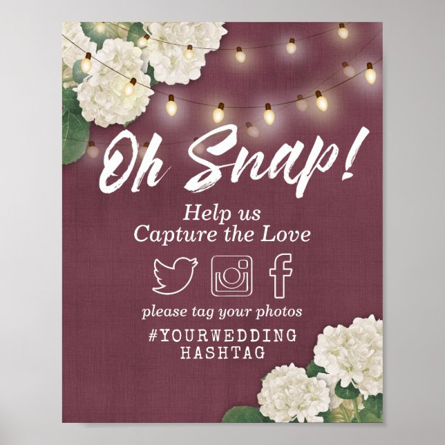 Poster Casamento Oh Snap Hashtag Hydrangeas & String Ligh (Frente)