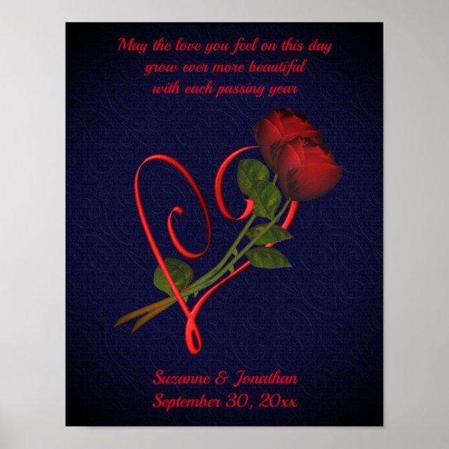 Poster Casamento Ou Aniversário Do Coração De Rosas Elega (Frente)