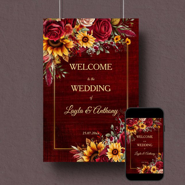 Poster Casamento outono burguns rosas girassóis bem-vindo (Fall wedding burgundy roses sunflowers welcome sign poster template instant download wedding decor)