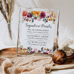 Poster Casamento outono Rustic Burgundy Rosa Bebidas Sign<br><div class="desc">O sinal de poster de casamento mostra bebidas coquetéis assinantes para a recepção de casamento. Design apresenta uma fronteira de verão rústico e cai em designs florais de aquarela com belos rosas, dahlias, flores de pénia, e verde, em uma linda paleta de outono de vermelho-lenhoso, amarelo-ouro, laranja-pêssego, rosa-pincel e tons...</div>
