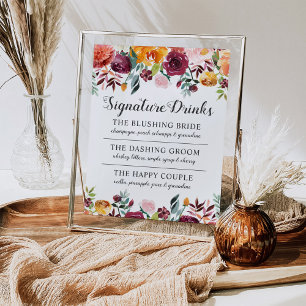Poster Casamento outono Rustic Burgundy Rosa Bebidas Sign