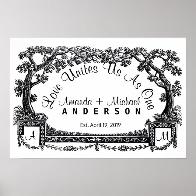 Póster Casamento Personalizado de Quadro Antiquado de Árv (Frente)