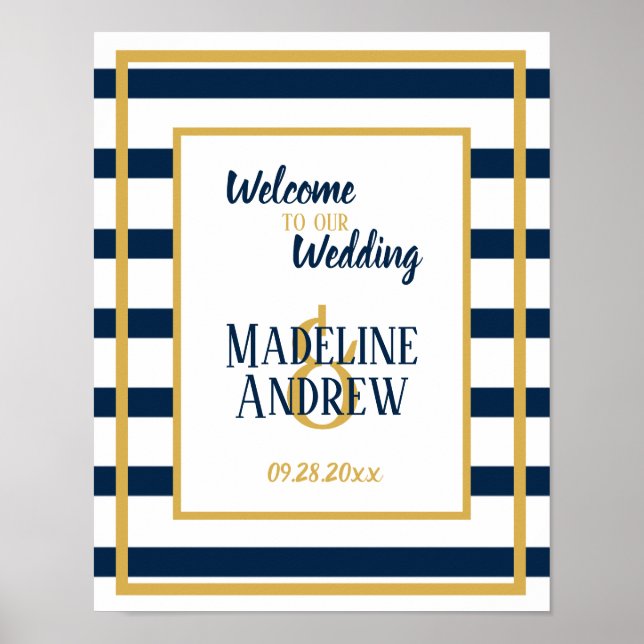 Poster Casamento Personalizado de Stripes Náuticas de mar (Frente)