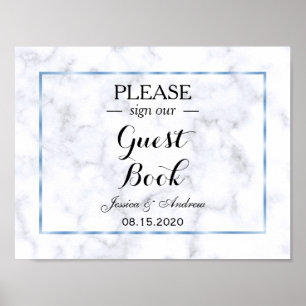 Póster Casamento Romântico Azul Mármore