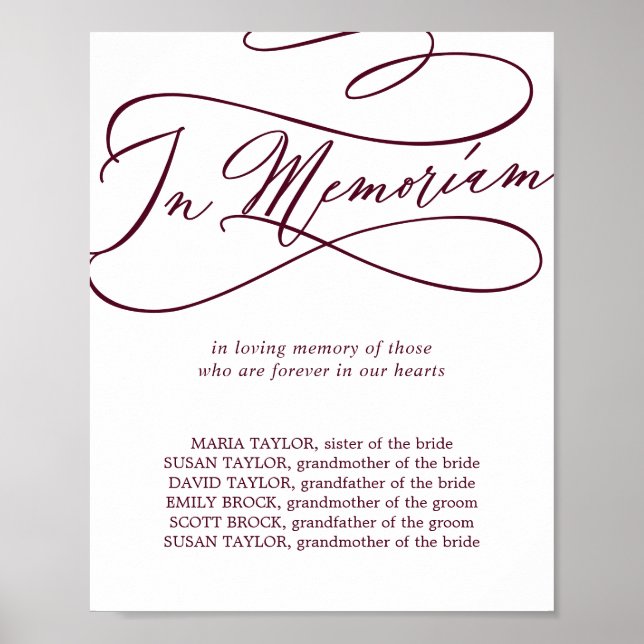 Poster Casamento Romântico De Texto Burgundy Em Memoriam (Frente)
