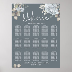 Poster Casamento Rosa Floral Azul Elegante Aquarela