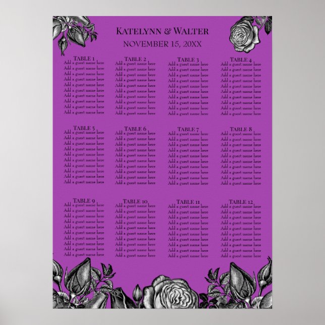 Poster Casamento Roxo Elétrico de Rosas Negras e Brancas (Frente)