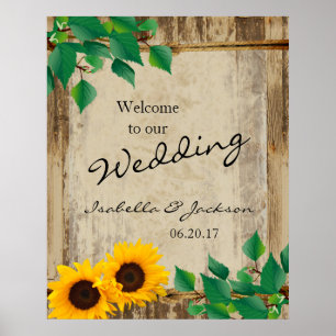 Poster Casamento Rustic Barn Wood Sunflower Bem-vindo