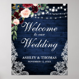 Poster Casamento Rustic Blue Wood Lace Burgundy Blue Flor