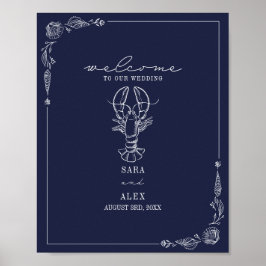 Poster Casamento Rustic Lobster Dark Blue Beach Bem-vindo
