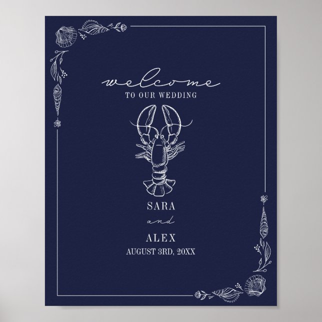 Poster Casamento Rustic Lobster Dark Blue Beach Bem-vindo (Frente)