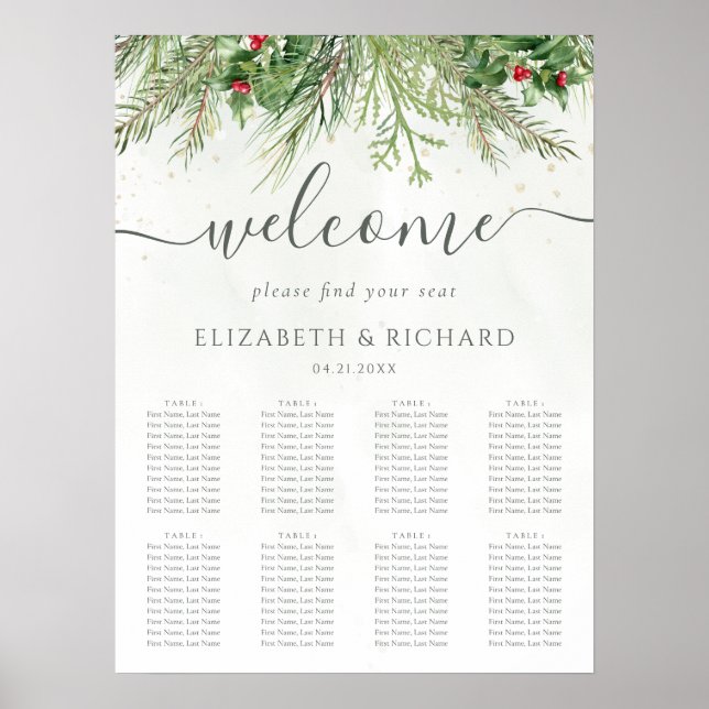 Poster Casamento Rustic Winter Greenery Berries Pine Cone (Frente)
