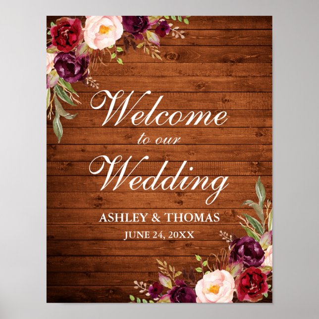 Poster Casamento Rustic Wood Burgundy Watercolor Floral (Frente)