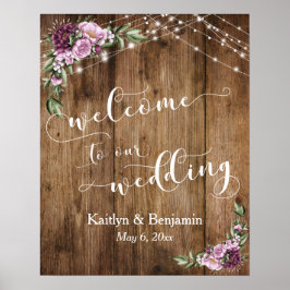 Poster Casamento Rustic Wood Peonies & Lights Bem-vindo