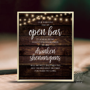 Poster Casamento Rústico Bar Aberto, Travessuras Bêbadas