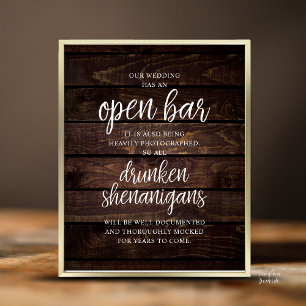 Poster Casamento Rústico Bar Aberto, Travessuras Bêbadas