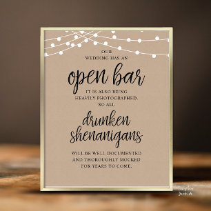 Poster Casamento Rústico Bar Aberto, Travessuras Bêbadas