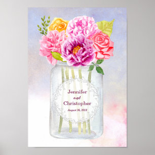Póster Casamento rústico do frasco de pedreiro dos rosas